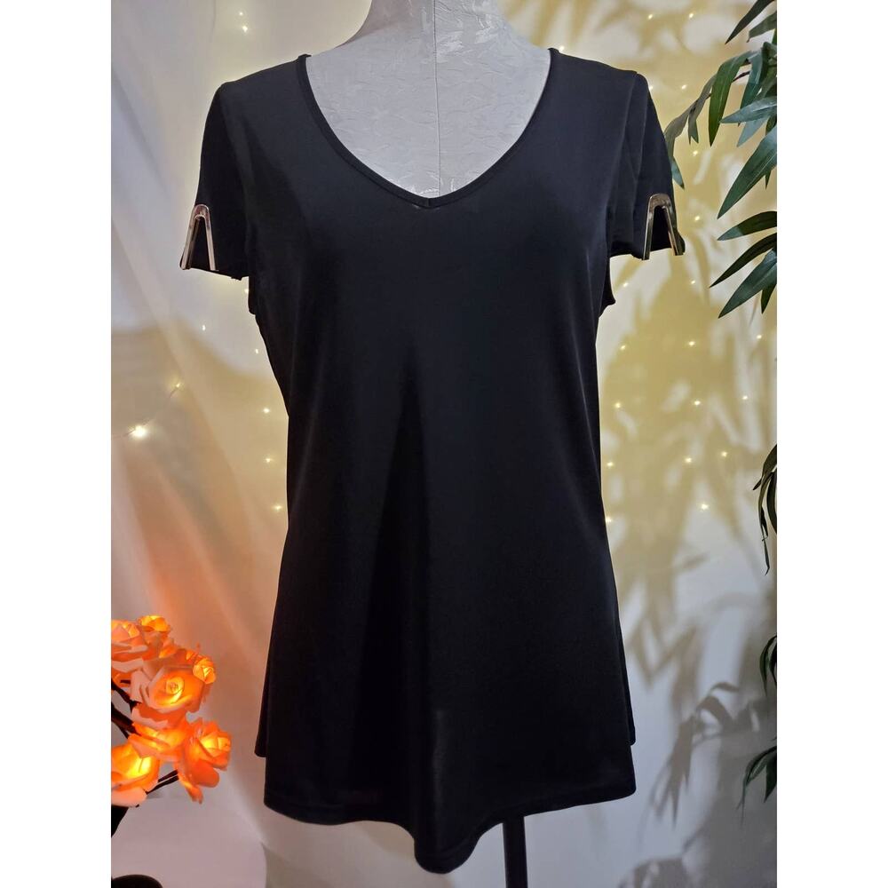 Alberto Makali Women's L Scoop V-Neck Short Sleeve Metal Black Blouse Top